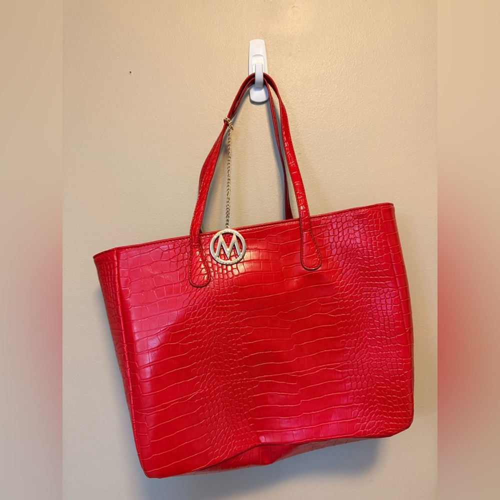 MIA Red Textured Tote Bag with Gold Accents